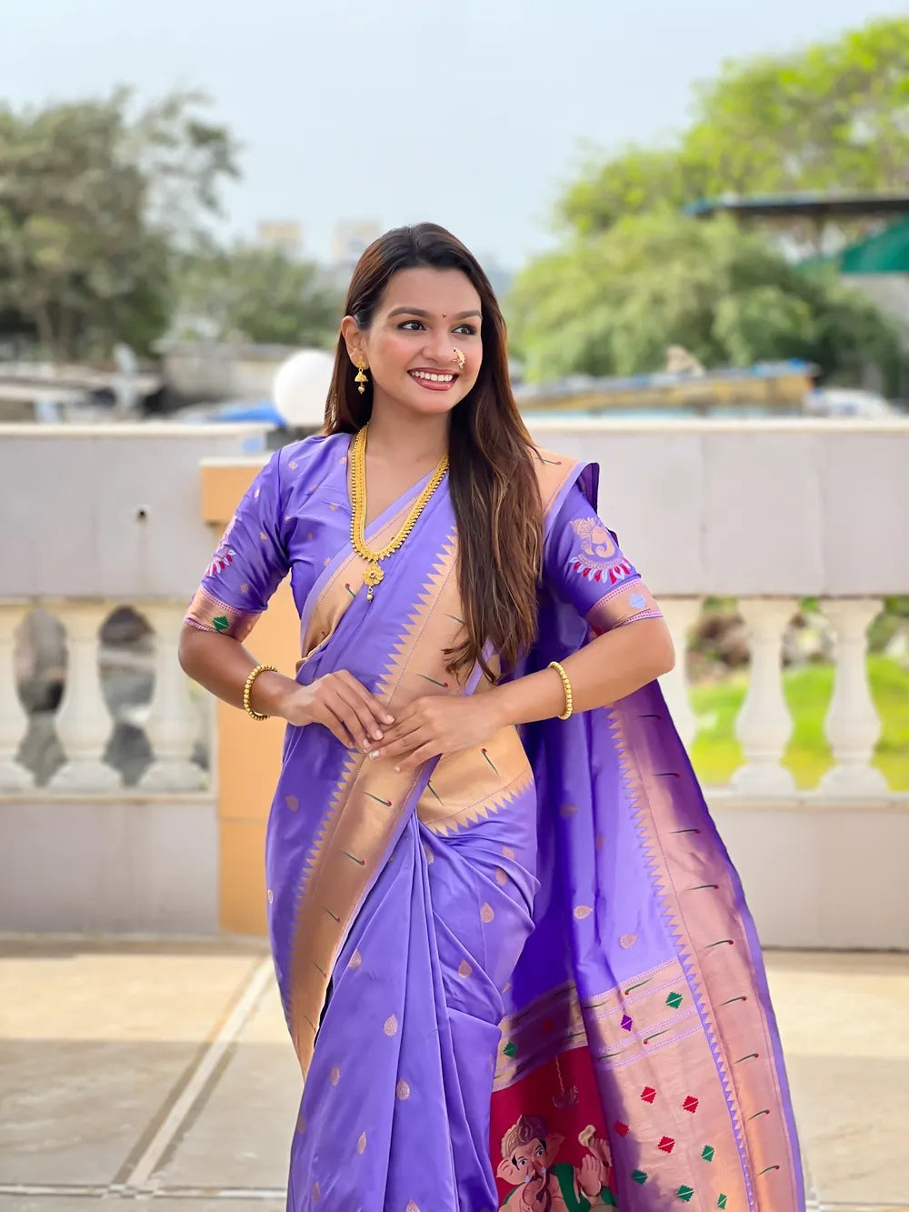 Traditional Paithani Silk Saree with Ganapati Pallu & Zari Weaving (Light Purple)